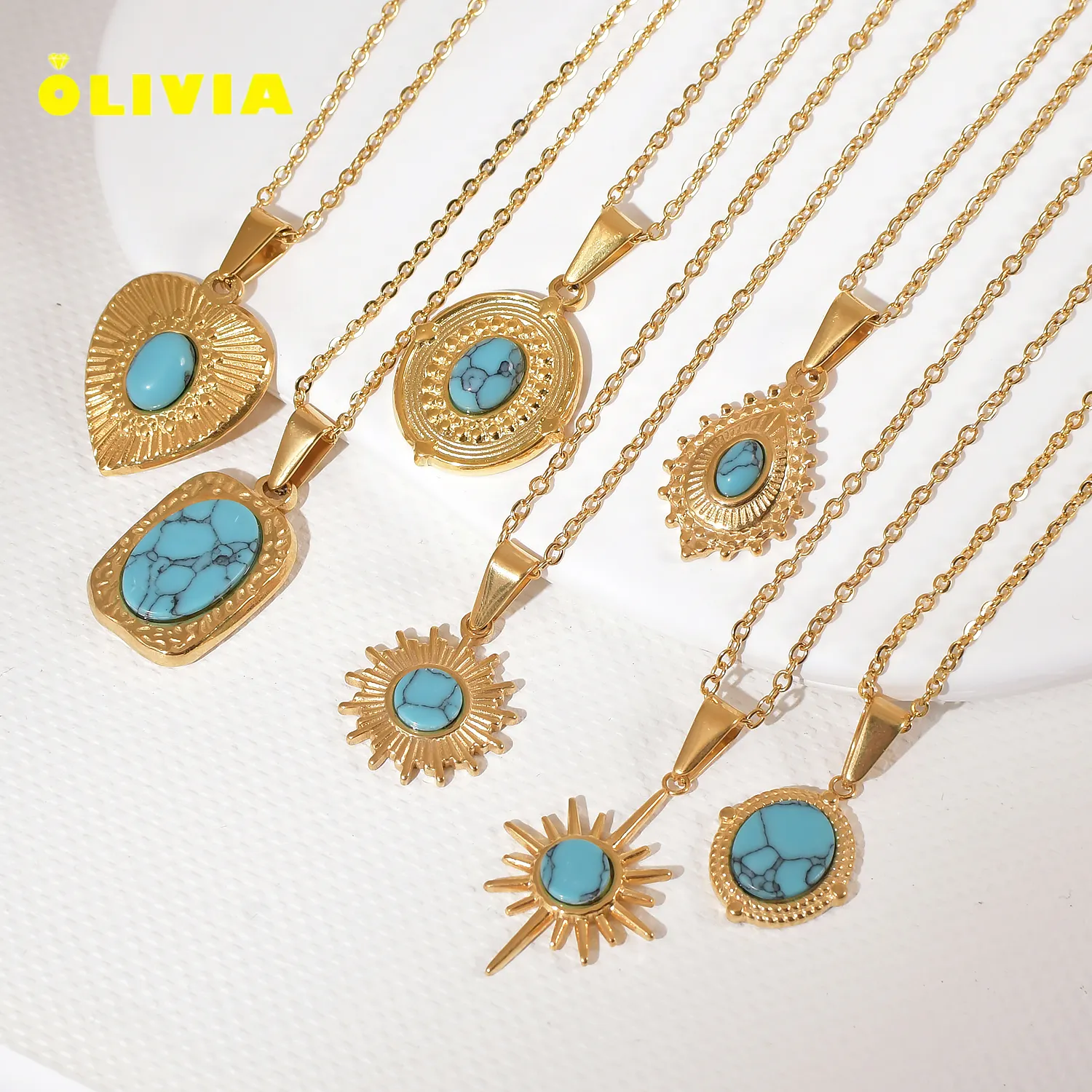 2024 moda azul turquesa colgante Vintage Mujeres 18K oro PVD Acero inoxidable forma de corazón de la suerte collar con Colgante de Piedra Natural