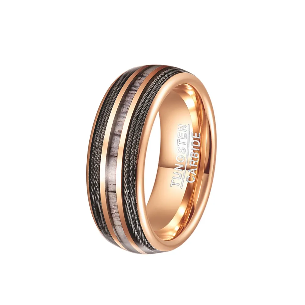 Anel de aço de tungstênio, novo anel de 8mm de luxo incrustado com dupla emenda, anel de aço e tungstênio para homens