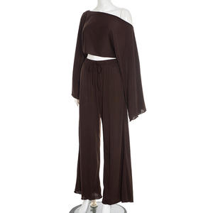 Viviblook Y25ST387 Women Two Piece <b>Set</b> New Slash Shoulder Long Sleeves Crop Top Loose Elastic Pants <b>Set</b> - Product Image 4