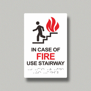 En cas d'incendie, utiliser l'escalier - Panneau de sécurité en braille auto-luminescent en aluminium - Panneau d'avertissement d'évacuation en cas d'incendie - Signalisation tactile personnalisée pour aveugles - Product Image 3