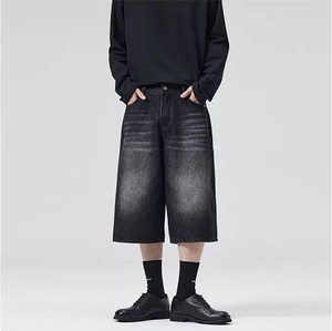 Jeans en denim vintage délavé de haute qualité pour hommes, style américain, coupe ample, droite, baggy, longueur 3/4, capri - Product Image 3