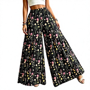 Pantalon large à imprimé floral, taille haute, coupe ample, en mélange de mousseline, décontracté, pour l'été - Product Image 6