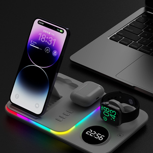 Chargeur sans fil lumineux RVB coloré pour appareils mobiles, station de charge pliable avec support de téléphone et réveil - Product Image 2