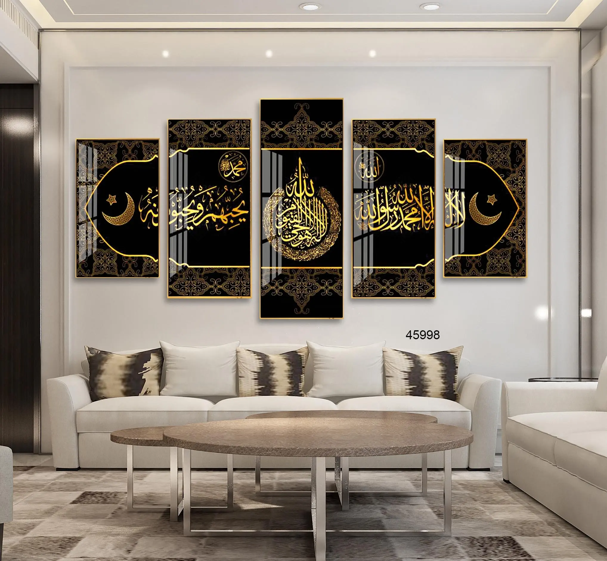 卸売イスラムフレームアラビア書道ウォールアートイスラム教徒の写真クリスタル磁器絵画プリント5ピースウォールアート