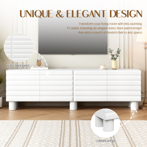 Elegante Mueble para TV de Estilo Mid-Century con Vidrio Ondulado Grueso, MDF, Estantes Ajustables, Estilo Crema, Montaje en Suelo, 4 Gabinetes, Consola Multimedia de 75 Pulgadas - Product Image 3