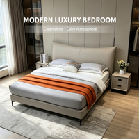 Lit en bois massif de style italien, couleur beige, avec revêtement en cuir, design moderne, taille king, lits doubles