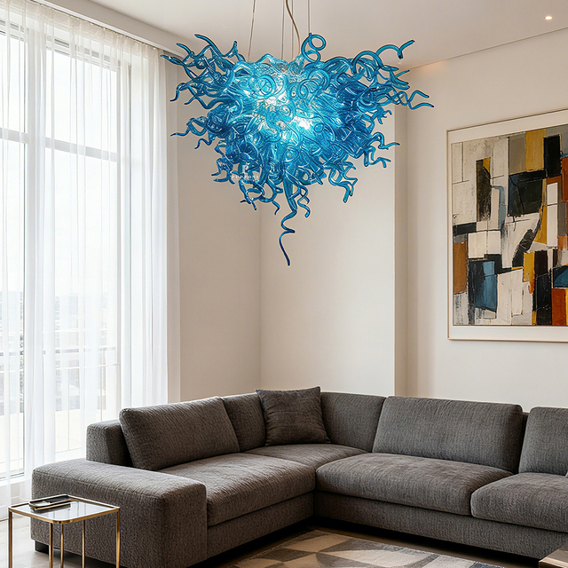 Chandeliers Lamps Europe Style Long Blue Chandelier Light Fixture Lustre Hand Blown Glass Pendant Light Dining Table