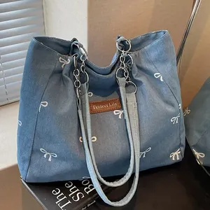 Bolso tote de lona azul lavable de gran capacidad, muy vendido, para mujer - Product Image 2
