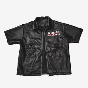 เสื้อยืดแขนสั้นหนัง PU ปักลายแบบดิสเทรสคุณภาพสูง สไตล์ฮิปฮอป สำหรับผู้ชาย - Product Image 1