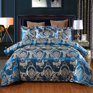 Juego de edredón Jacquard azul real sedoso de satén de lujo de estilo barroco Retro europeo patrón impreso con cremallera oculta - Product Image 1