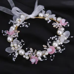 Bridal headband Multi-colored pearl flower Hairband Handmade gold leaf children's hair accessories