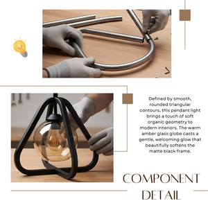 High Grade Industrial Delta Curved Matte Black Metal Amber Glass Globe Pendant <b>Light</b> - Product Image 2