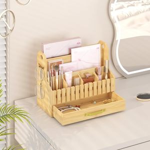 Bamboo Office Organizer Desktop <b>Storage</b> <b>Box</b> With <b>Drawers</b> And Partitions For Electronics And Documents Rectangle Standing Type - Product Image 2