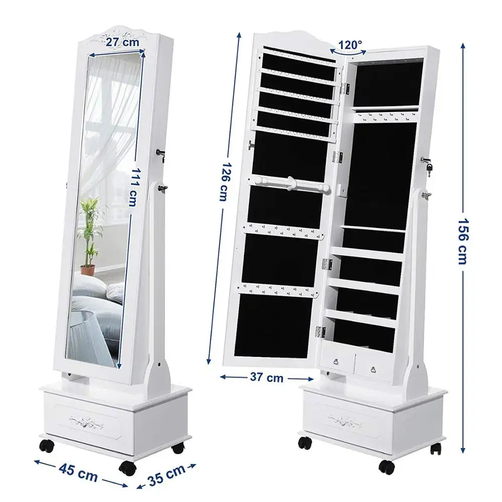 Hollywood full length door jewelry storage mirror with wheel home storage wooden full length jewelry cabinet with mirror