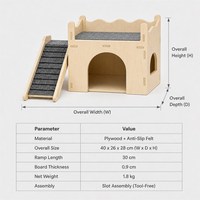 Château pour animaux à 2 niveaux, maison cachette, rampe antidérapante en feutre, bois naturel, assemblage modulaire, espace tunnel arqué pour cochon d'Inde et hamster