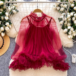 Completo da donna 2 pezzi: Blusa in rete con orlo a balze e top interno a canotta, elegante camicia in <span class=keywords><strong>tulle</strong></span> trasparente Sehe Fashion - Product Image 6