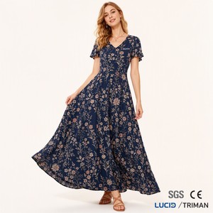 Vestido Maxi de Viscosa para Mujer, 120g, Corte en A, Escote en V, Estampado de Flores Silvestres, Estilo <span class=keywords><strong>Southern</strong></span> <span class=keywords><strong>Belle</strong></span> Romántico, Logotipo Personalizado, Venta al Por Mayor - Product Image 1