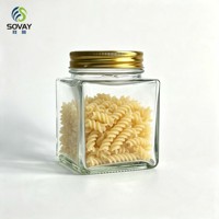 Stoples Kaca Geometris Persegi 330ml, Pot Transparan Mulut Lebar untuk Makanan Kering Dapur, Kemasan Ritel Komersial
