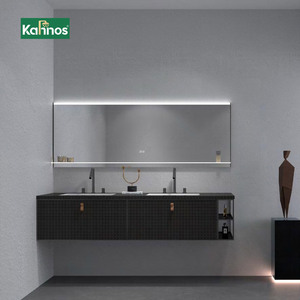 Modern <b>Wall</b> Mounted Bathroom Vanities With Rectangular Led <b>Mirror</b> Textured Black Cabinet and Side Storage - Product Image 1