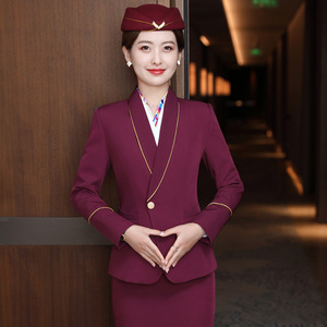 Woodcutter's Words Flight Attendant Uniform Women Long Sleeve Maroon Skirt Set Spring 2024 Stewardess Workwear - Product Image 1