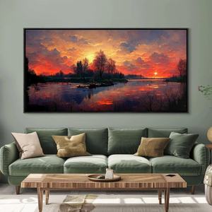 Peinture à l'huile Coucher de soleil sur lac sur toile, prête à accrocher, encadrée style galerie, thème nature et vie lacustre, pour la maison et les collections - Product Image 1