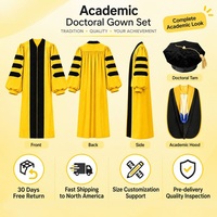 Ensemble de 3 pièces de tenue de doctorat personnalisée, Robe de remise de diplôme PhD Or et Noir avec capuche et toque, Vente en gros