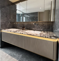 Ensemble de meuble-lavabo mural moderne pour salle de bain avec miroir numérique et étagère LED en verre, design en bois brun foncé