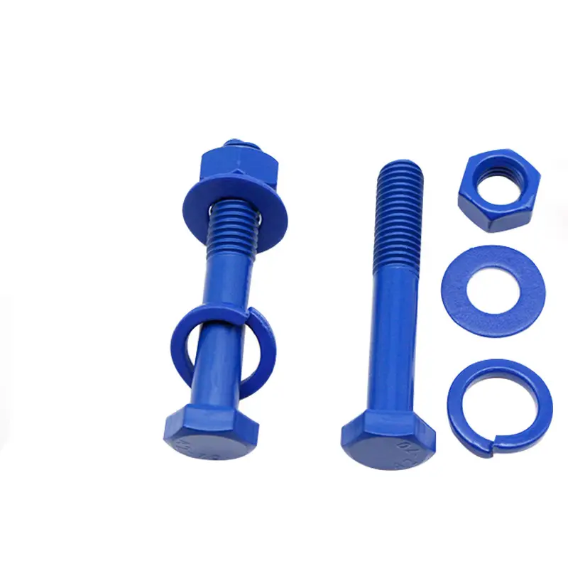 M10 M12 M14 M16 M20 revêtement PTFE boulon hexagonal bleu polytétrafluoroéthylène DIN 933 DIN 931 boulons hexagonaux en téflon écrou et rondelle