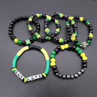 Pulseras Étnicas Africanas Rojas, Amarillas y Verdes, Pulseras Rasta de Jamaica, Pulseras Elásticas de Madera y Piedra de Vidrio, Pulseras con la Bandera de Jamaica, Pulseras con la Letra Jamaica