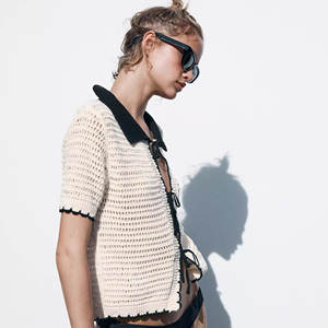 Zar 2025, camisa Polo de ganchillo de otoño e invierno para <span class=keywords><strong>mujer</strong></span>, cárdigan de punto con solapa de patrón de Color sólido informal Simple, suéter superior - Product Image 3