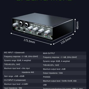 Interface audio USB 2 canaux, 2 entrées XLR, <span class=keywords><strong>carte</strong></span> <span class=keywords><strong>son</strong></span> 24 bits 192 kHz, alimentation fantôme 48 V, enregistrement <span class=keywords><strong>guitare</strong></span> Hi-Z, streaming, fabrication industrielle - Product Image 4