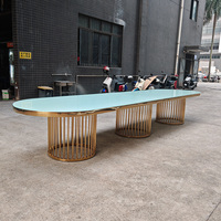 Mesa de Comedor Moderna de Lujo Personalizada de Acero Inoxidable con Cubierta de Vidrio y Mesa Ovalada para Banquetes de Boda