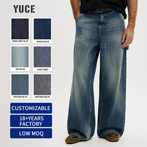 Jeans larges à jambes larges pour hommes, lavage vintage <span class=keywords><strong>délavé</strong></span> bleu clair, lavage à la main, denim ample, <span class=keywords><strong>tissu</strong></span> personnalisé, poids du <span class=keywords><strong>tissu</strong></span>, jeans pour hommes - Product Image 1