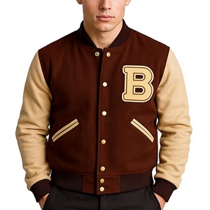 Unisex Brown Varsity Jacket 100% <b>Wool</b> Embroidered Front Regular Fit Preppy Style Turn-down Collar Personalised Labels LOGO - Product Image 1
