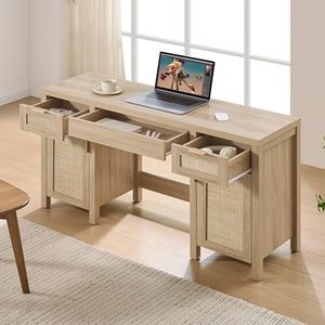 Bàn trang điểm kiểu nhà nông thôn Boho lớn, màu gỗ sồi sáng, có 3 ngăn kéo và 2 ngăn chứa đồ, thương hiệu PHOENIX HOME - Product Image 4