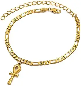 New Stock Arrival 18k Gold Plated Egyptian Ankh Cross Charm Bracelet Stainless Steel Egypt Hieroglyphs Anklet Chain Bracelets