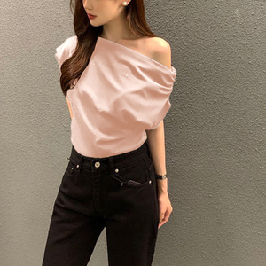 Women's Chic Summer Irregular Slant Shoulder Design Loose Solid Color Pullover Short Sleeve T-shirt Shirt Fashion - Product Image 3