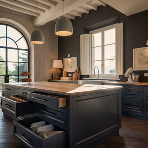 Isla de Cocina Modular <span class=keywords><strong>Pavone</strong></span> con Certificación ISO9001, Color Gris Carbón, Estilo Contemporáneo, Encimera de Madera Clara, Diseño Arqueado, Ecológica y Fácil de Instalar - Product Image 2