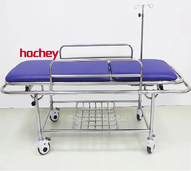 Hochey Medica Ziekenhuis Noodgevallen Roestvrijstalen Verpleegwagen Transport Patiënt Brancard Trolley Met Iv Pole