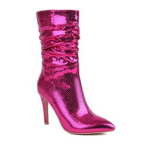 Zapatos de vestir de mujer con lentejuelas brillantes elegantes de estilo europeo 2024 Hot Pink Pointy Toe Zip nuevo calzado bombas botines cortos - Product Image 2