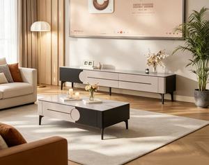 Modern Two Tone Black White <b>TV</b> <b>Stand</b>, Round Decor Pull Handle Multi Drawer Sintered Stone Long <b>TV</b> Cabinet For Living Room Home - Product Image 2