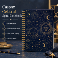 Carnet spirale personnalisé motif céleste bleu marine avec feuille d'or soleil lune étoile, conception sur mesure OEM ODM, commande en gros, usine