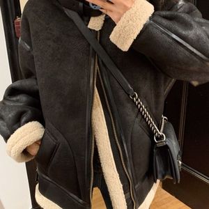 Manteau de motard Chic kaki pour <span class=keywords><strong>femme</strong></span>, veste de moto en polaire Sherpa, col rabattu, nouvelle collection hiver <span class=keywords><strong>2022</strong></span> - Product Image 3