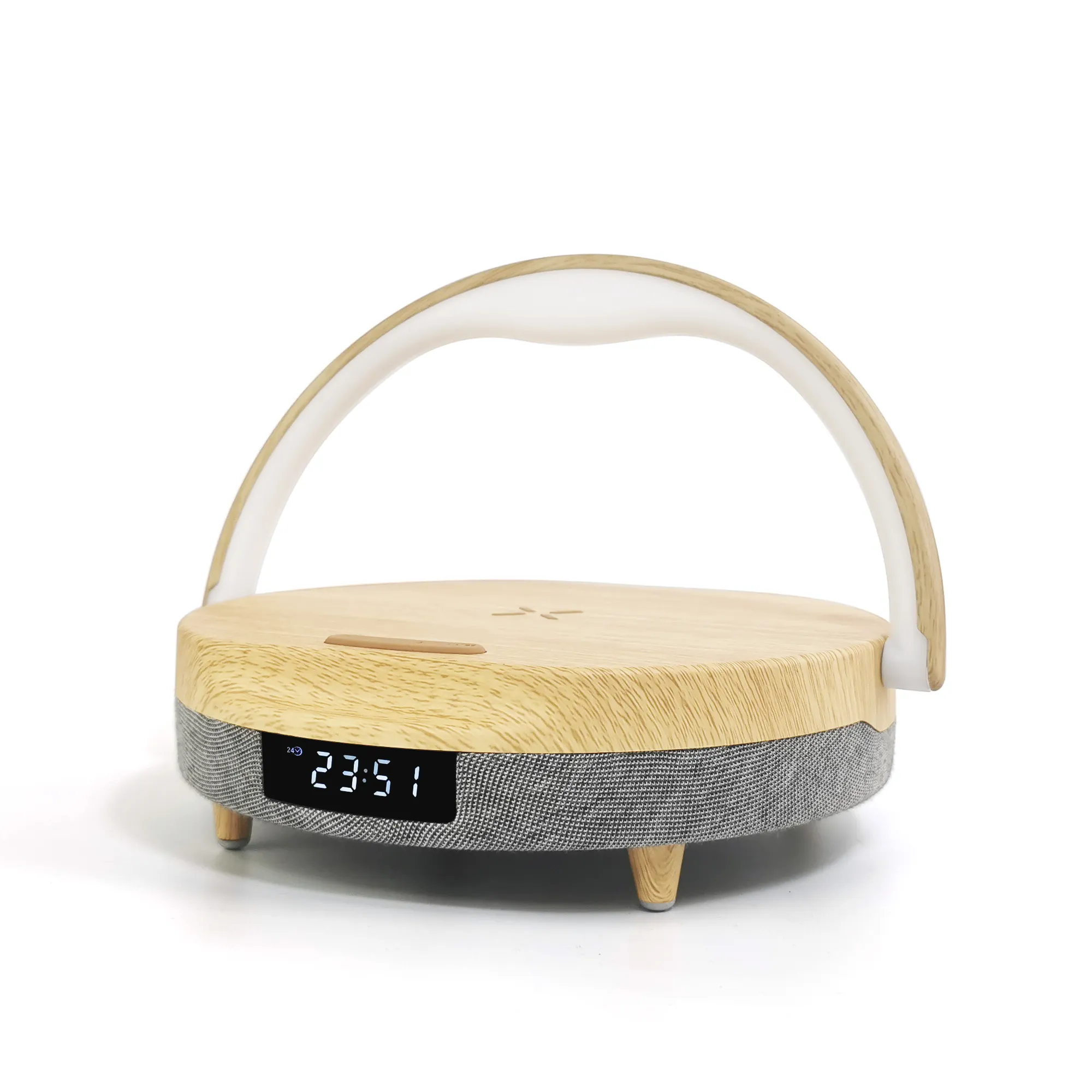 Logo OEM altoparlante Bluetooth in legno con caricabatterie Wireless, luce notturna colorata e sveglia digitale