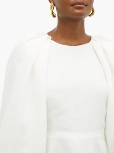 Solido di modo di Cut-out Bianco Balloon-manica Canapa Midi Vestito Delle Donne Delle Signore Vestito Lungo Casuale - Product Image 3