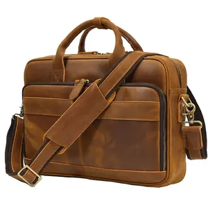 Leather Business Bag 16 Inch Large Men Genuine Briefcase For 14 Laptop Crazy Horse Satchel For Men