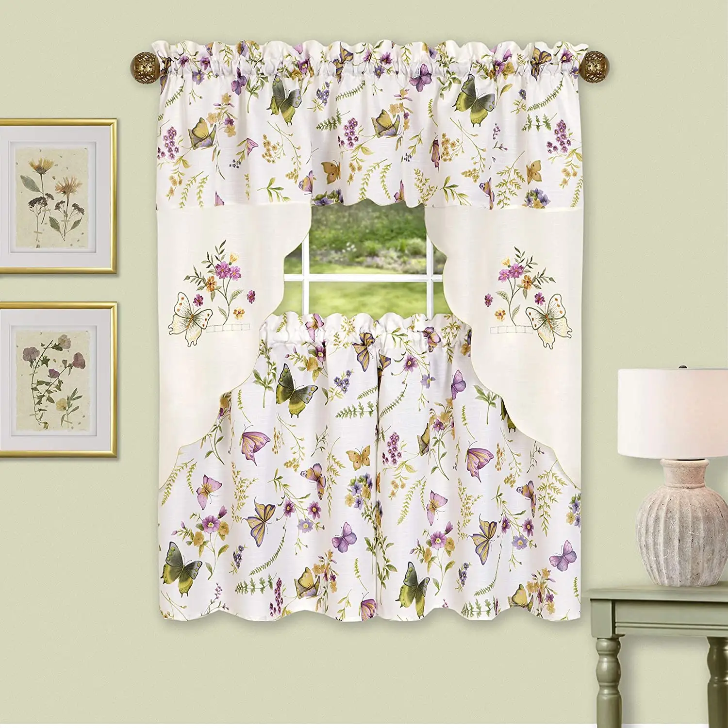 3Piece kitchen cafe curtain set, valance curtain, sprayed on thick satin fabric with plant and butterfly pattern