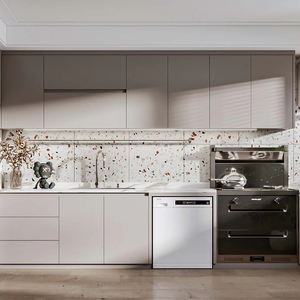 Elegante juego de gabinetes de cocina con estantería abierta, encimera de madera, horno empotrado y tablero de melamina para cocina - Product Image 1