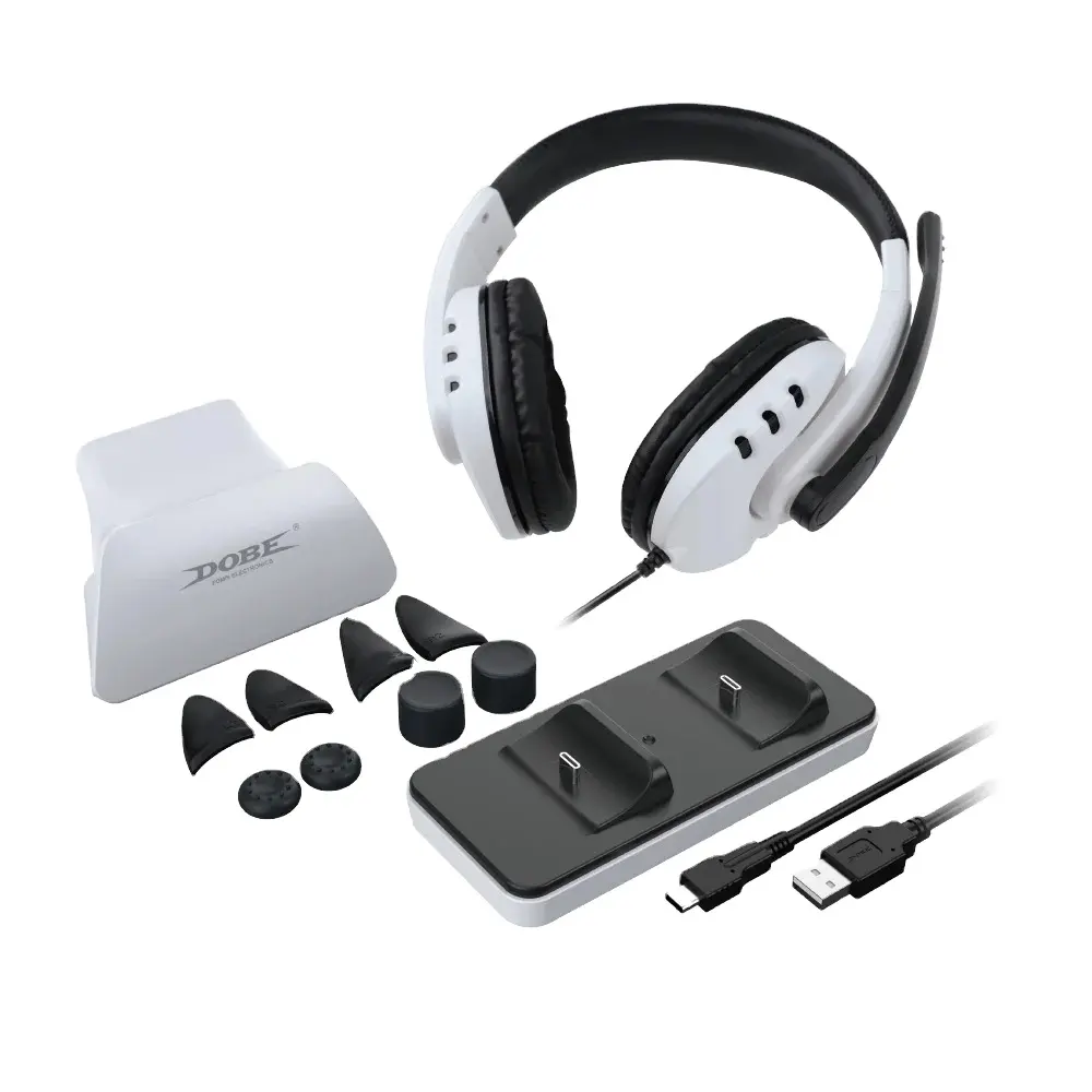 Controlador de juego DOBE PS5 12 en 1 personalizado al por mayor, cargador de asiento + auriculares con cable + soporte + botón de disparo + Juego de tapa de joystick