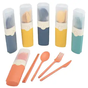 4 -Piece Portable Tableware Healthy Environmentally Friendly Wheat Tableware Can Biodegradable Chopsticks Fork Knife Spoon Kit
